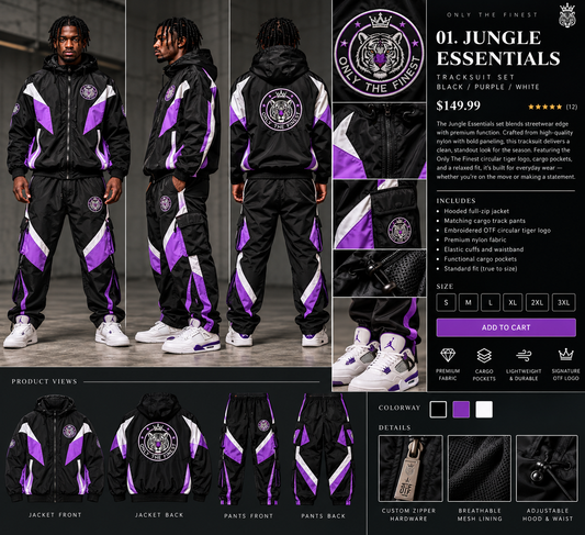 Only The Finest Jungle Essentials black purple white tracksuit set