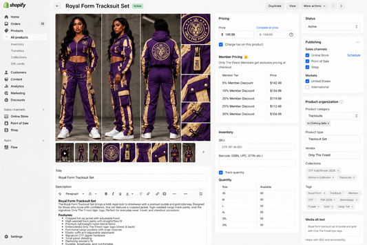 Only The Finest Royal Form women's purple gold tracksuit set