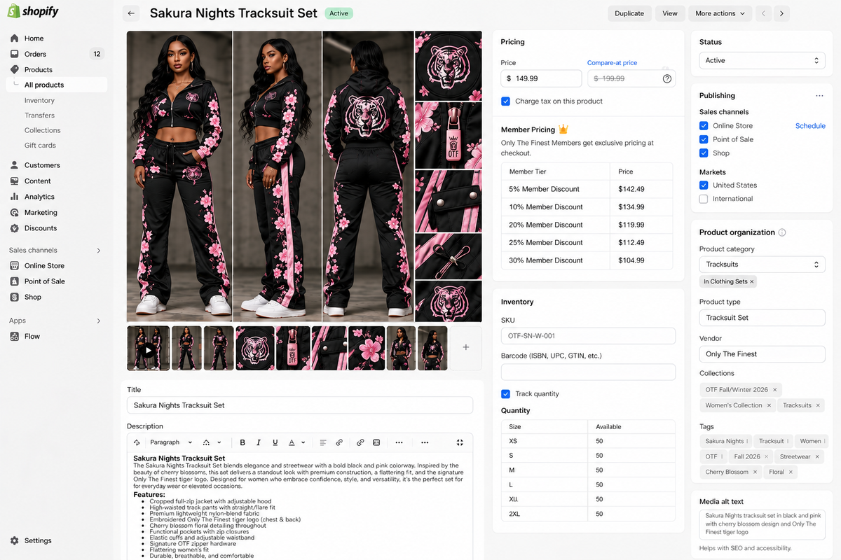 Only The Finest Sakura Nights women's black pink tracksuit set