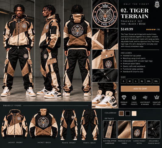 Only The Finest Tiger Terrain tan black beige tracksuit set